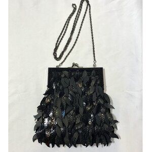 Vintage DRAP Barcelona Beaded Flapper Crossbody Purse Kiss Lock Leaf Sequins EUC